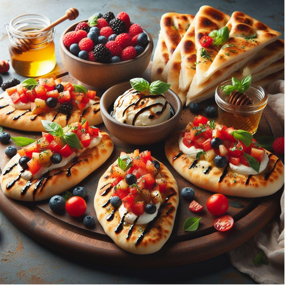 Garlic naan bruschetta topped with diced tomatoes, basil, and balsamic glaze, alongside a sweet version with mascarpone, honey, and berries.