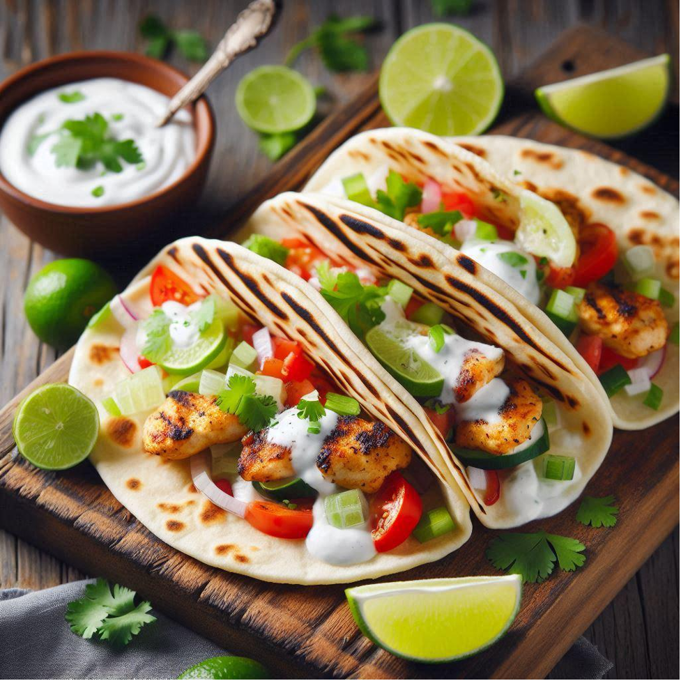 garlic naan tacos filled with grilled paneer, fresh vegetables, and yogurt sauce