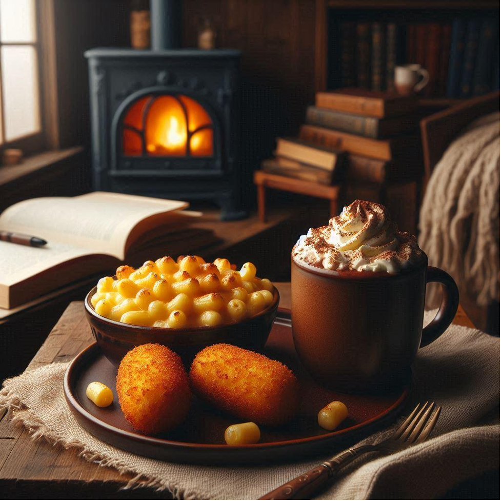 Mac & Cheese Pops with hot chocolate