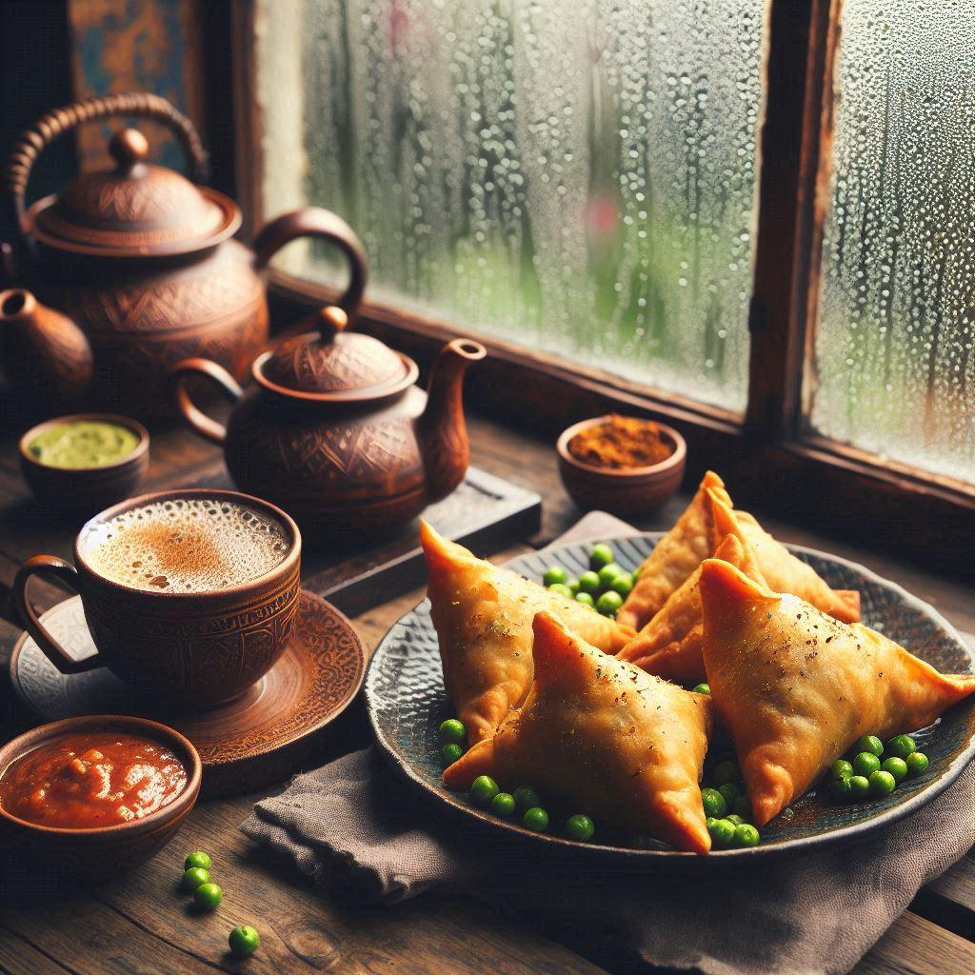 Punjabi Samosa with masala chai in rainy season