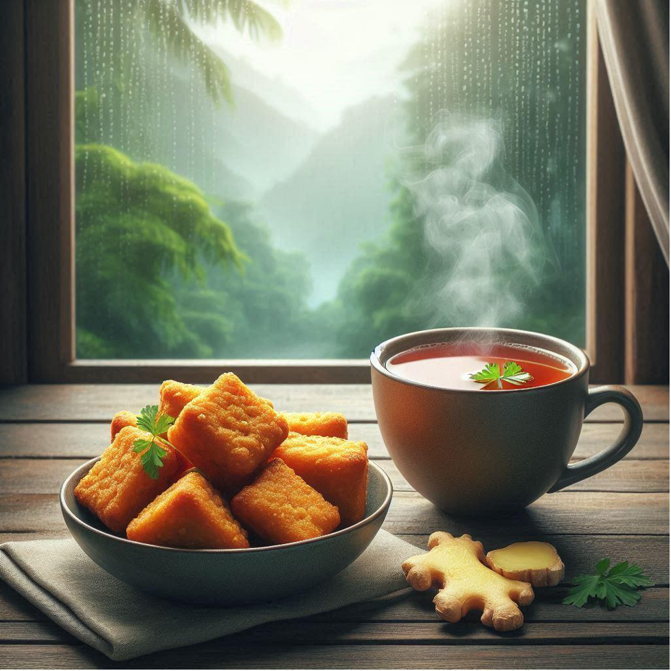 Paneer Pakoda with ginger tea in a cozy rainy season