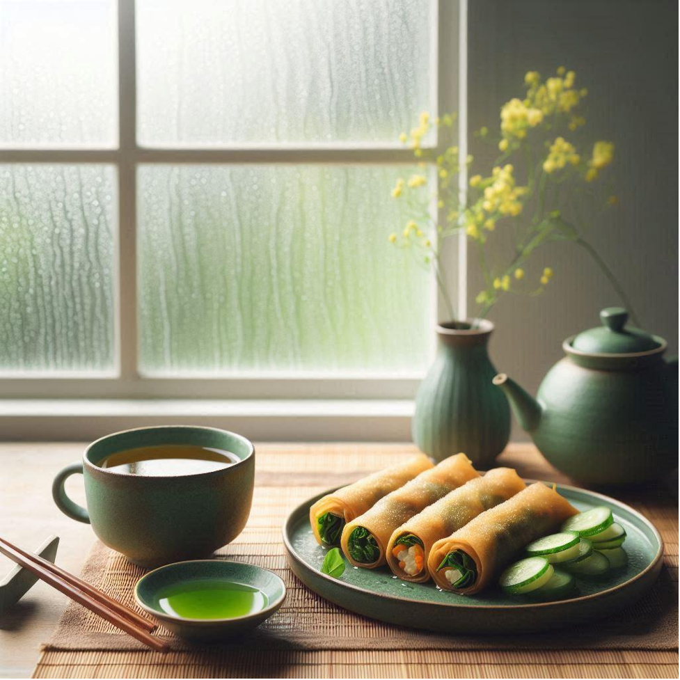 Spring Rolls with green tea in monsoon season