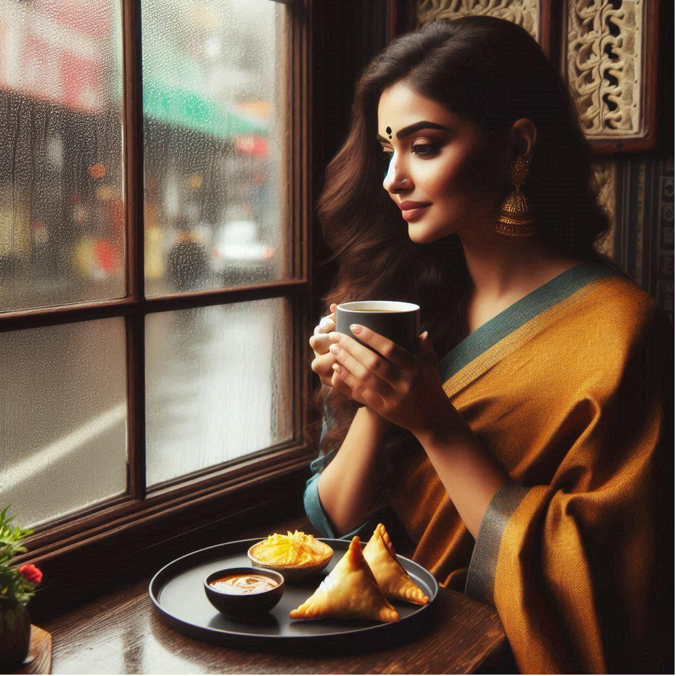 beautiful indian women holding coffee & punjabi samosa near window in rainy season