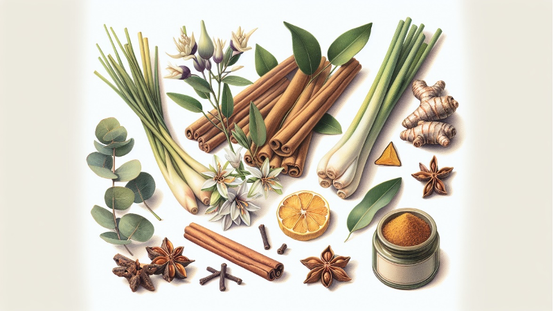 Main raw ingredients of essential oil like turmeric powder, clove etc on white background